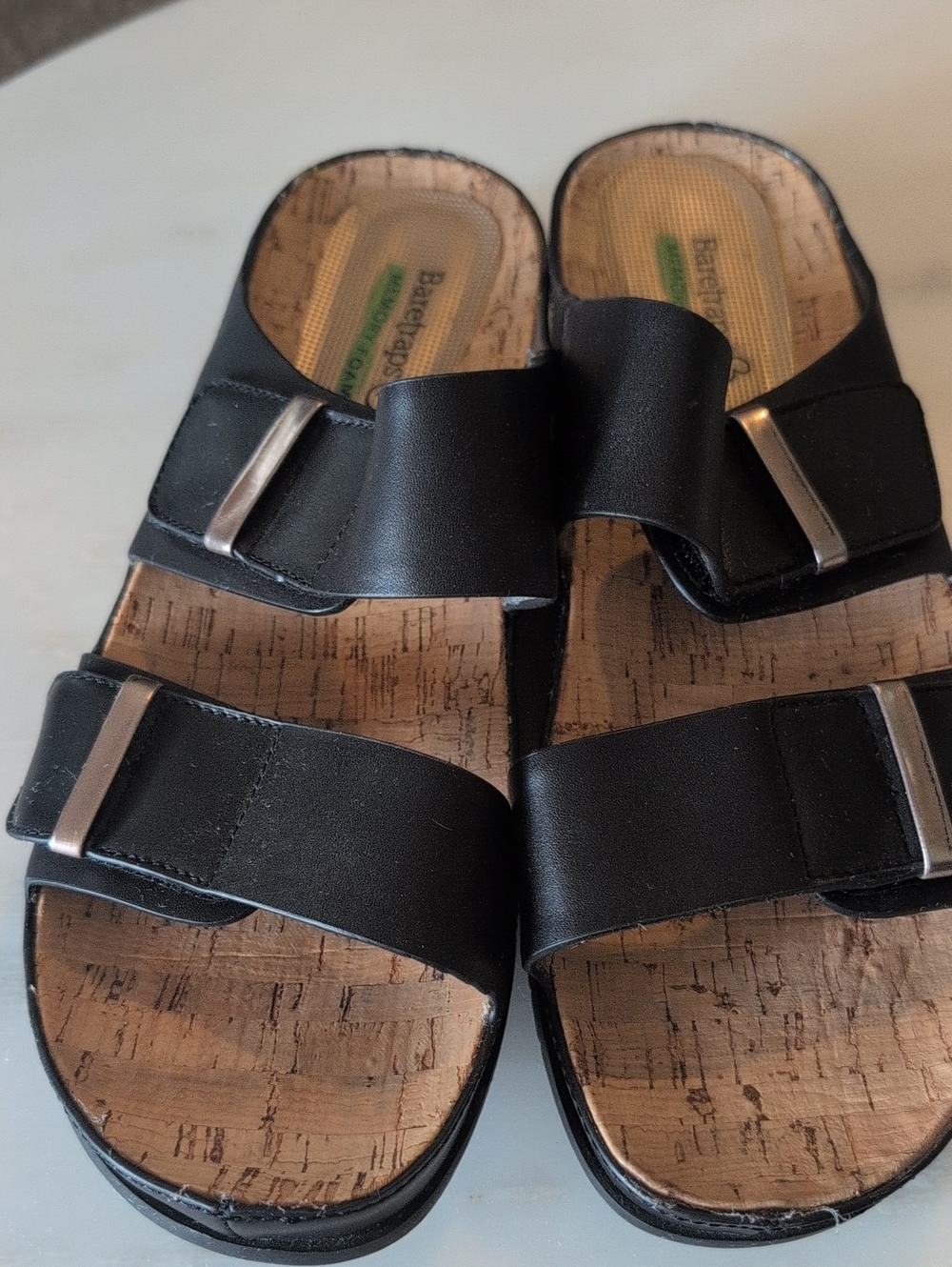 BareTraps Black Slide Sandals with Cork Footbed